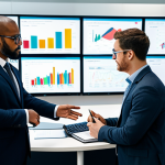 A diverse group of professional business people in modest business attire, actively collaborating in a brightly lit, modern open-plan office. They are gathered around large interactive screens displaying a dynamic Knowledge Management System (KMS) dashboard, showing interconnected data, graphs, and various documents, illustrating seamless knowledge sharing and efficient information retrieval. The atmosphere is productive and collaborative. Professional photography, high detail, natural light, perfect anatomy, correct proportions, well-formed hands, proper finger count, natural body proportions, safe for work, appropriate content, fully clothed, professional dress.