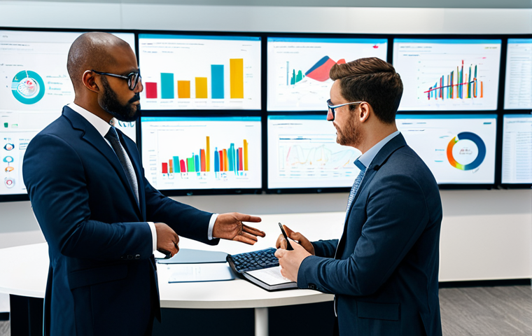 A diverse group of professional business people in modest business attire, actively collaborating in a brightly lit, modern open-plan office. They are gathered around large interactive screens displaying a dynamic Knowledge Management System (KMS) dashboard, showing interconnected data, graphs, and various documents, illustrating seamless knowledge sharing and efficient information retrieval. The atmosphere is productive and collaborative. Professional photography, high detail, natural light, perfect anatomy, correct proportions, well-formed hands, proper finger count, natural body proportions, safe for work, appropriate content, fully clothed, professional dress.